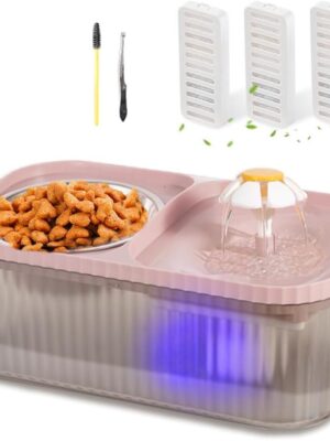 Cat Water Fountain and Stainless Steel Food Bowl, 100oz/3L Super Quiet Automatic Pet Water Dispenser with Smart Pump and 3 Replacement Filters for Cats and Small Dogs, Pink