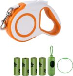 Retractable Dog Leash for Dogs and Cats, 16 ft Dog Leash with Quick Brake and Ergonomic Handle, Supports Pets up to 44 lbs, Includes 4 Rolls of Poop Bags and Bag Holder, Orange