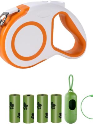 Retractable Dog Leash for Dogs and Cats, 16 ft Dog Leash with Quick Brake and Ergonomic Handle, Supports Pets up to 44 lbs, Includes 4 Rolls of Poop Bags and Bag Holder, Orange