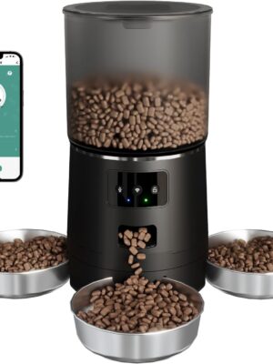 3-Cat Automatic Pet Feeder, 6L WiFi Cat Food Dispenser with APP Control, 1-10 Meal Programmable, Voice Recorder, Smart Alerts, Stainless Steel Bowls for Cats and Small Dogs (Black)