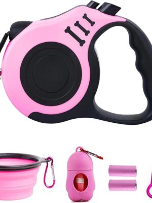 Retractable Dog Leash Lightweight 16FT Leash, with Folding Bowl,Dispenser,Waste Bags, for Small Medium Dogs(Pink)