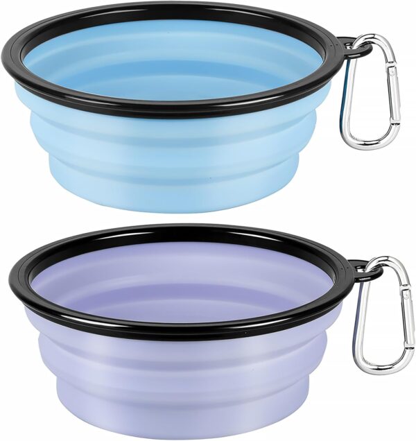 2 Pack Collapsible Dog Bowls - 1000ml Portable Pet Food & Water Bowls with Carabiner Clip, Foldable Travel Dog Dish for Hiking, Walking, Camping (Blue & Grey)