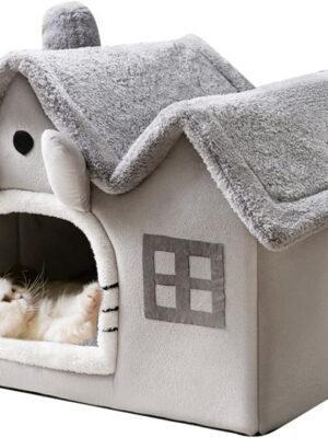 Luxury Double Roof Indoor Dog House Cat Nest,Foldable Warm Soft Kennel,30D High Elastic Memory Sponge,Removable Cushion and Non-Slip Bottom (Grey Double Roof, M)