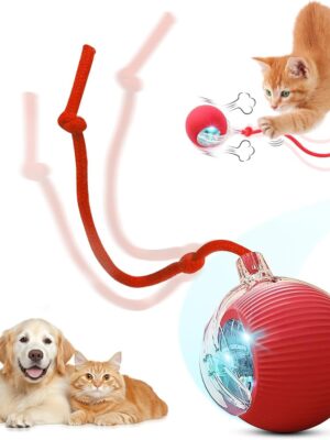 Interactive Electric Automatic Rolling Moving USB Rechargeable Self Activated Play Stimulation Toy Smart Chase Teaser Ball with Speedy Tail Rope for Bored Adult Indoor Cats and Dogs, Red