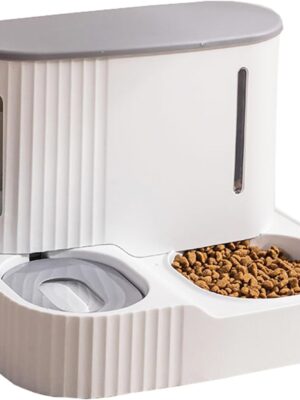 Automatic Cat Feeder,Gravity Auto Timed Pet Dry Food Self Feeding Container Dishes Bowl and Water Dispenser Fountain for Dog Puppy Kitten Kit Set Integrated 2 in 1 Continuous Tray(Grey)