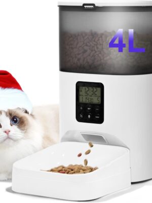 Automatic Cat Feeder, 4L Dry Food Dispenser with Voice Recorder, Up to 8 Meals per Day, Timed Feeder with Sealed Ring (White)