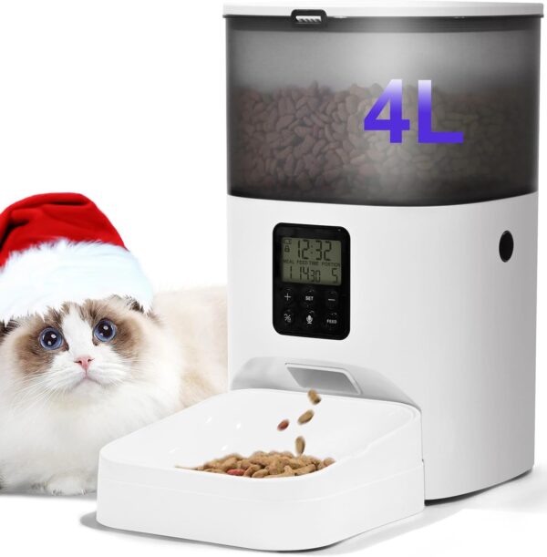 Automatic Cat Feeder, 4L Dry Food Dispenser with Voice Recorder, Up to 8 Meals per Day, Timed Feeder with Sealed Ring (White)