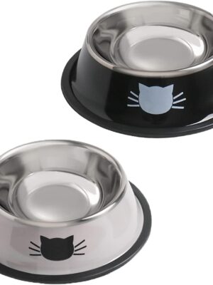Cat Bowls for Food and Water,2PCS  Non-Slip Stainless Steel Small 8 Oz Pet Bowl with Removable Rubber Base Dog Bowl,Stackable Puppy Dishes with Cute Cat Painted