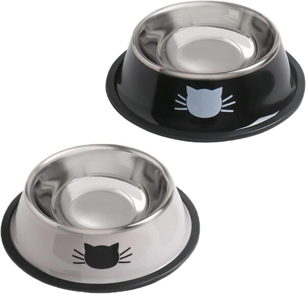 Cat Bowls for Food and Water,2PCS  Non-Slip Stainless Steel Small 8 Oz Pet Bowl with Removable Rubber Base Dog Bowl,Stackable Puppy Dishes with Cute Cat Painted