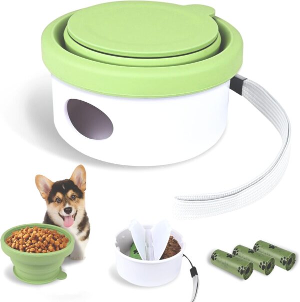 Collapsible Travel Dog Bowl with Lid, 3 in 1 Portable Silicone Dog Food and Water Bowl with 3 Poop Bags, Folding Pet Food Container for Puppy Cat Beach Camping Hiking Walks Essentials (Green)