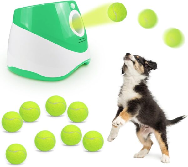 i Automatic Ball Launcher for Small Dogs, Dog Ball Thrower Distance 10-30ft for Dogs Like to Chase The Ball, Keep Dogs Happy, Includes 9 Tennis Ball (2inch),Green