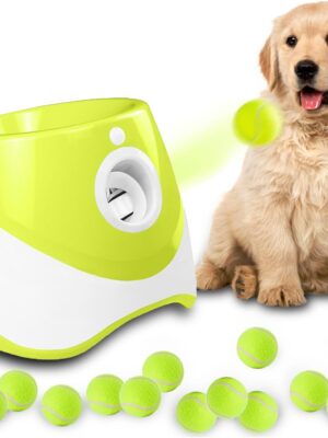 Automatic Dog Ball Launcher, Dog Ball Thrower Machine with 10-30Ft 3 Launching Distance, Interactive Toys for Small Dogs Indoor & Outdoor with 15 Mini Tennis Balls-2 Inch Light Green