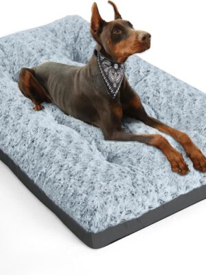 Deluxe Washable Dog Bed for Large Dogs Dog Crate Mat 36 Inch Comfy Fluffy Kennel Pad Anti-Slip for Dogs Up to 60 lbs, 36" x 23", Grey