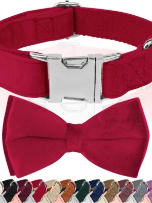 Girl Dog Collars with Bow,Velvet Puppy Collar with Zinc Alloy Safety Buckle, Adjustable Soft Dog Bow Tie Collar, Detachable Breakaway Dog Collar with Metal D-Ring for Small Medium Large Dogs