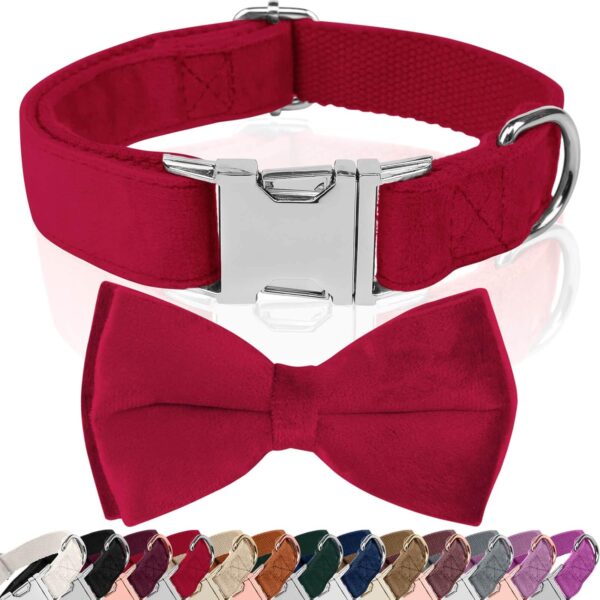 Girl Dog Collars with Bow,Velvet Puppy Collar with Zinc Alloy Safety Buckle, Adjustable Soft Dog Bow Tie Collar, Detachable Breakaway Dog Collar with Metal D-Ring for Small Medium Large Dogs
