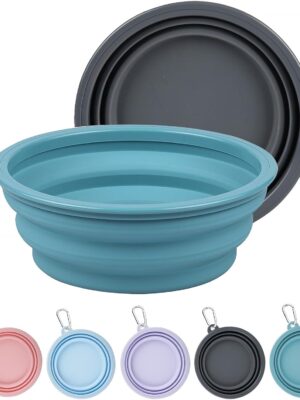 2 Pack Collapsible Dog Bowls - 1000ml Portable Pet Food & Water Bowls with Carabiner Clip, Foldable Travel Dog Dish for Hiking, Walking, Camping (Blue & Grey)