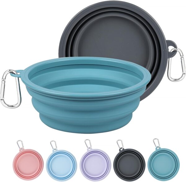2 Pack Collapsible Dog Bowls - 1000ml Portable Pet Food & Water Bowls with Carabiner Clip, Foldable Travel Dog Dish for Hiking, Walking, Camping (Blue & Grey)