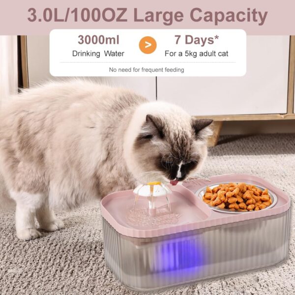 Cat Water Fountain and Stainless Steel Food Bowl, 100oz/3L Super Quiet Automatic Pet Water Dispenser with Smart Pump and 3 Replacement Filters for Cats and Small Dogs, Pink