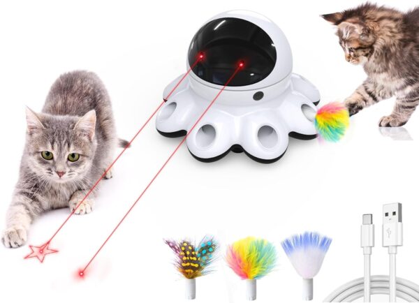 Cat Laser Toy, 2-in-1 Interactive Automatic Motion Activated Moving 8 Holes Whack A Mole Feather, USB Rechargeable Electronic Smart Sensor Kitten Toys for Indoor Exercise