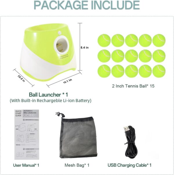 Automatic Dog Ball Launcher, Dog Ball Thrower Machine with 10-30Ft 3 Launching Distance, Interactive Toys for Small Dogs Indoor & Outdoor with 15 Mini Tennis Balls-2 Inch Light Green