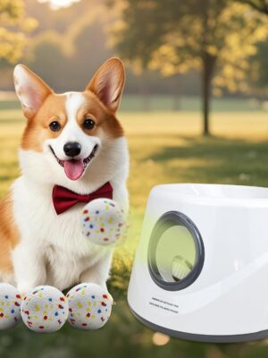 Automatic Dog Ball Launcher, Upgraded Interactive Dogs Balls Thrower for Small Dogs, Distance Adjustable Mental Stimulating Dog Toys with 4 Durable Etpu Balls 2.2 Inch (Silver Grey)