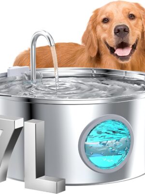 Dog Water Fountain for Large Dogs: 1.8Gal/7L Stainless Steel Pet Drink Dispenser - Automatic Filtered Puppy Metal Bowl - Quiet Animal Watering Machine Indoor - Auto Big Cat&Kitty Waterer Fountains