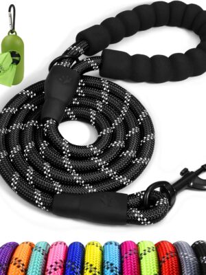 Rope Dog Leash 6 FT with Comfortable Padded Handle, Highly Reflective Threads Leash for Medium Large Dogs, 1/2 inch, Black