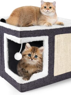 Cat Houses for Indoor Cats - Large Cat Bed Cave with Scratch Pad and Fluffy Ball, Foldable Cat Condo Hideaway with Reversible Cushion for Multi Small Pet, Dark Grey