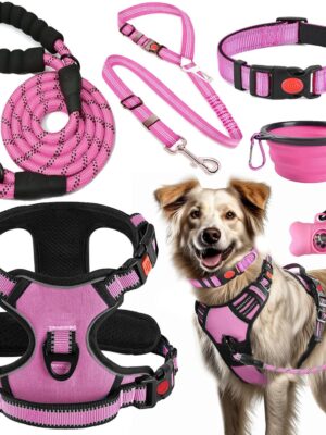 No Pull Dog Harness, Collar & Leash Set | Includes Dog Seat Belt, Collapsible Bowls & Poop Bag Dispenser. Ideal for Training, Walking, Hiking. Fits Small to Large Dogs(Pink-L)