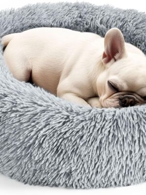 Dog & Cat Bed for Indoor Cats, 20in Calming Donut Bed for Puppy and Kitten, Washable Round Fluffy Pet Bed for Small Medium Dogs and Cats (Light Grey)