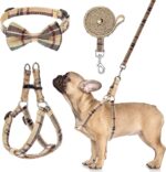 Dog Harness Collar Leash Set,Adjustable No Pull Escape Proof Small Dog Harness,Classic Plaid Puppy Harness and Leash Set for Small Medium Large Dogs Training Easy Walk Running(Beige,M)