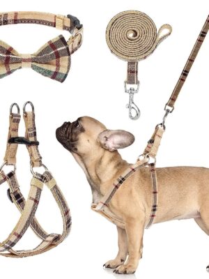 Dog Harness Collar Leash Set,Adjustable No Pull Escape Proof Small Dog Harness,Classic Plaid Puppy Harness and Leash Set for Small Medium Large Dogs Training Easy Walk Running(Beige,M)