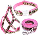 Leopard Dog Harness Collar Leash Set, Adjustable No Pull Dog Halter Harness for Small Breed Dogs, Easy Control for Training Walking (Pink, M Chest 15"-21", Neck 13"-17")
