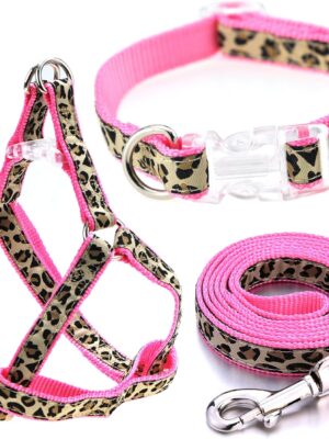 Leopard Dog Harness Collar Leash Set, Adjustable No Pull Dog Halter Harness for Small Breed Dogs, Easy Control for Training Walking (Pink, M Chest 15"-21", Neck 13"-17")