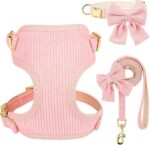 Cute Small Dog Collar Harness & Leash Set, Adjustable Dog Collars and Leashes with Bowtie, Breathable Soft Mesh Padded Dog Vest for Puppies Small Dogs Walking,Pink, S