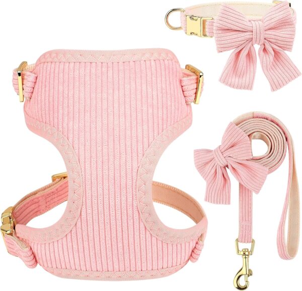 Cute Small Dog Collar Harness & Leash Set, Adjustable Dog Collars and Leashes with Bowtie, Breathable Soft Mesh Padded Dog Vest for Puppies Small Dogs Walking,Pink, S